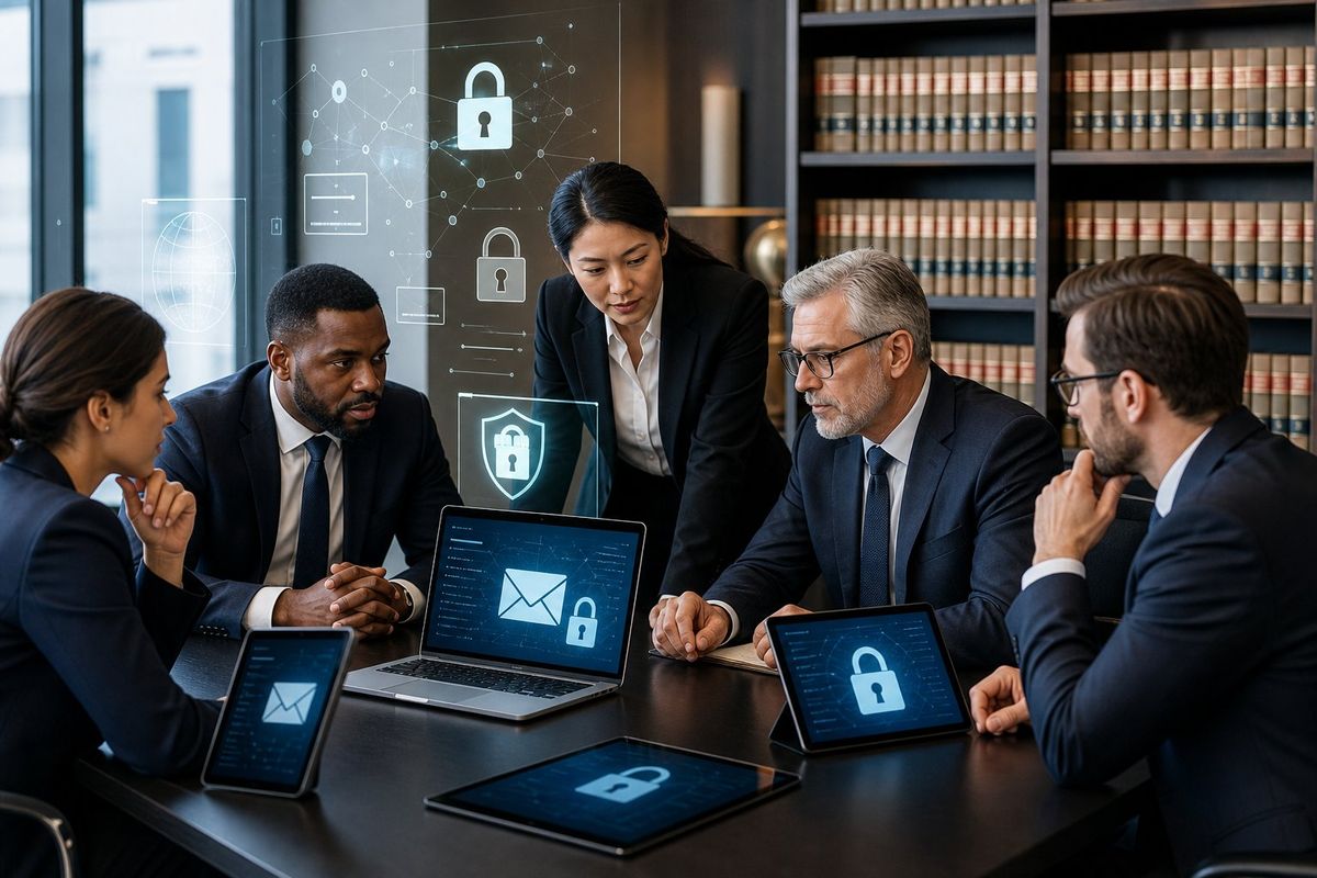 A group of professionals in a law firm office working together with laptops and digital devices focused on email security.