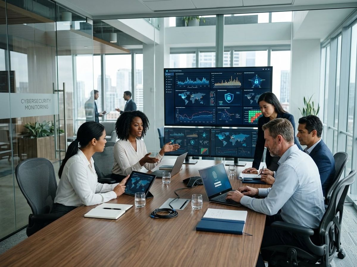 Legal team monitoring remote access analytics and audit logs across multiple office screens