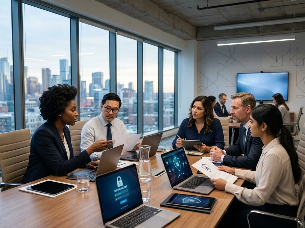 Group of attorneys and consultants discussing frequently asked questions around a meeting table