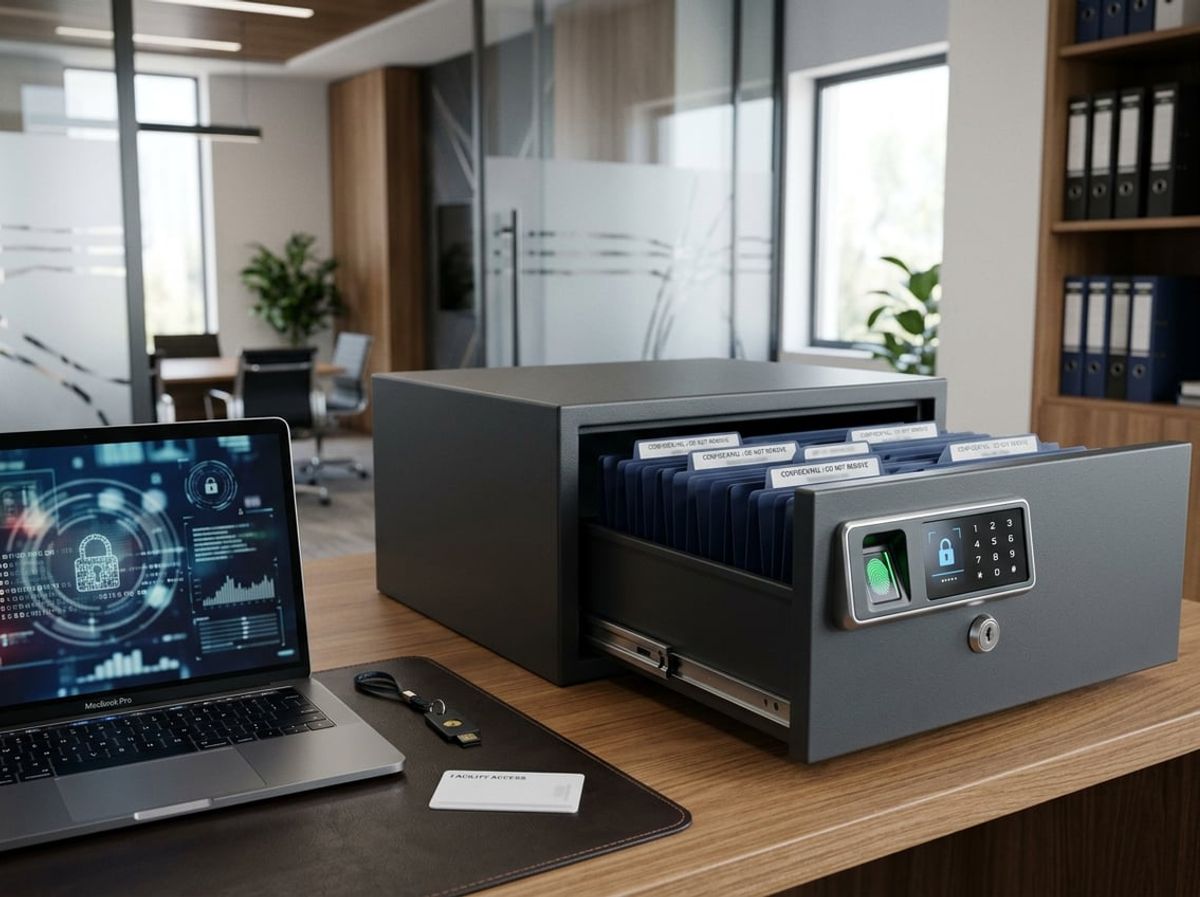Locked filing cabinet and laptop with access control device in a law office setting