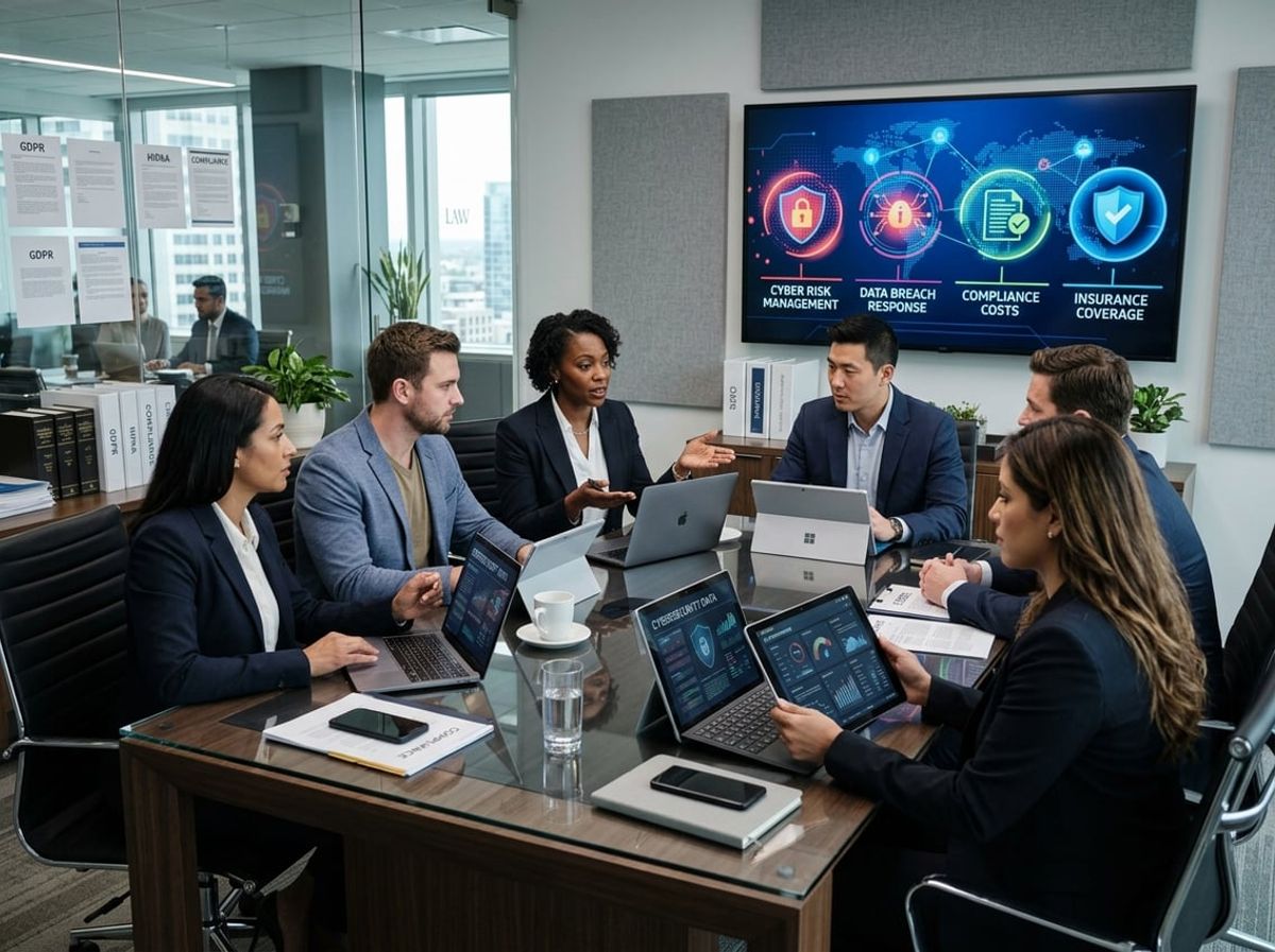 Legal team reviewing documents at a conference table with cybersecurity charts on a screen
