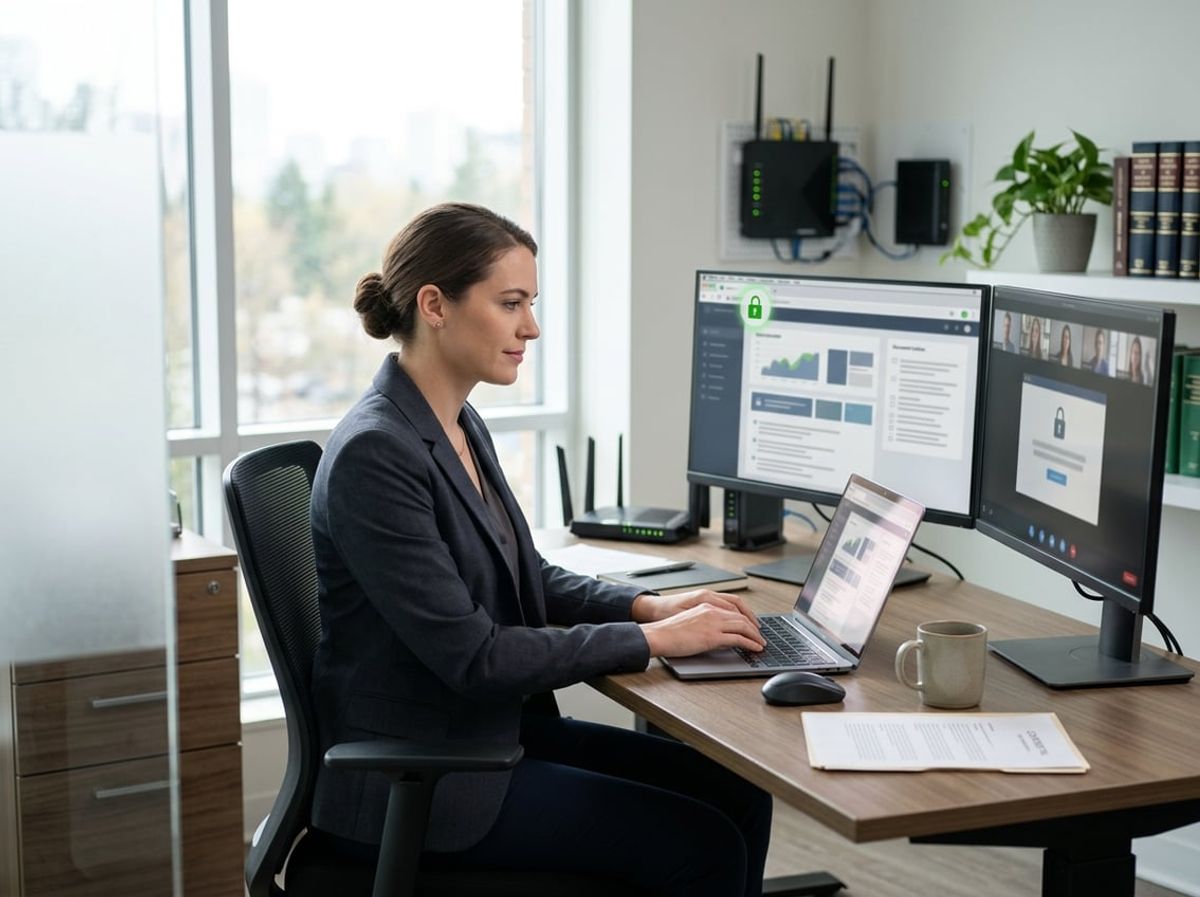 Attorney typing at a laptop in a quiet home office prepared to answer client security questions