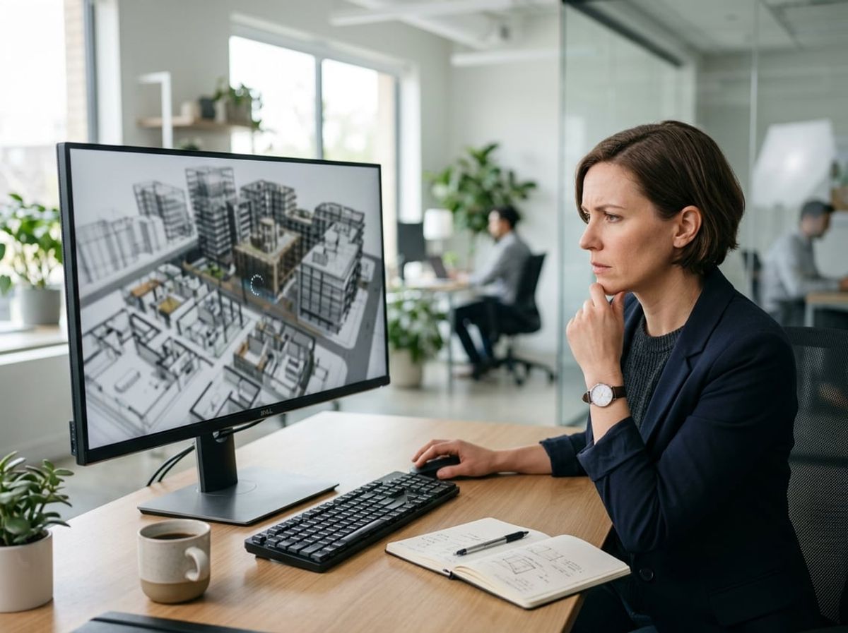Architect reviews sync logs on a desktop computer to diagnose a sluggish design program