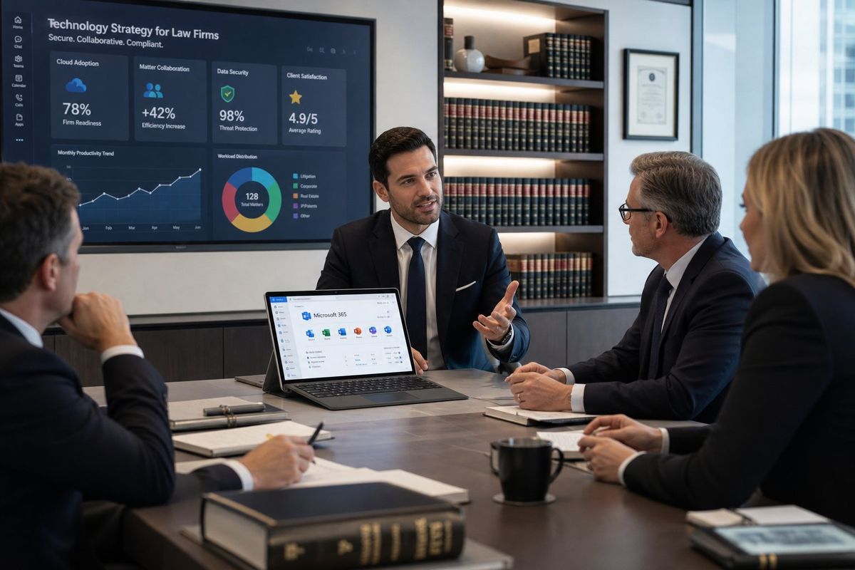 An IT consultant discussing technology strategy with lawyers around a conference table in a modern law firm office.