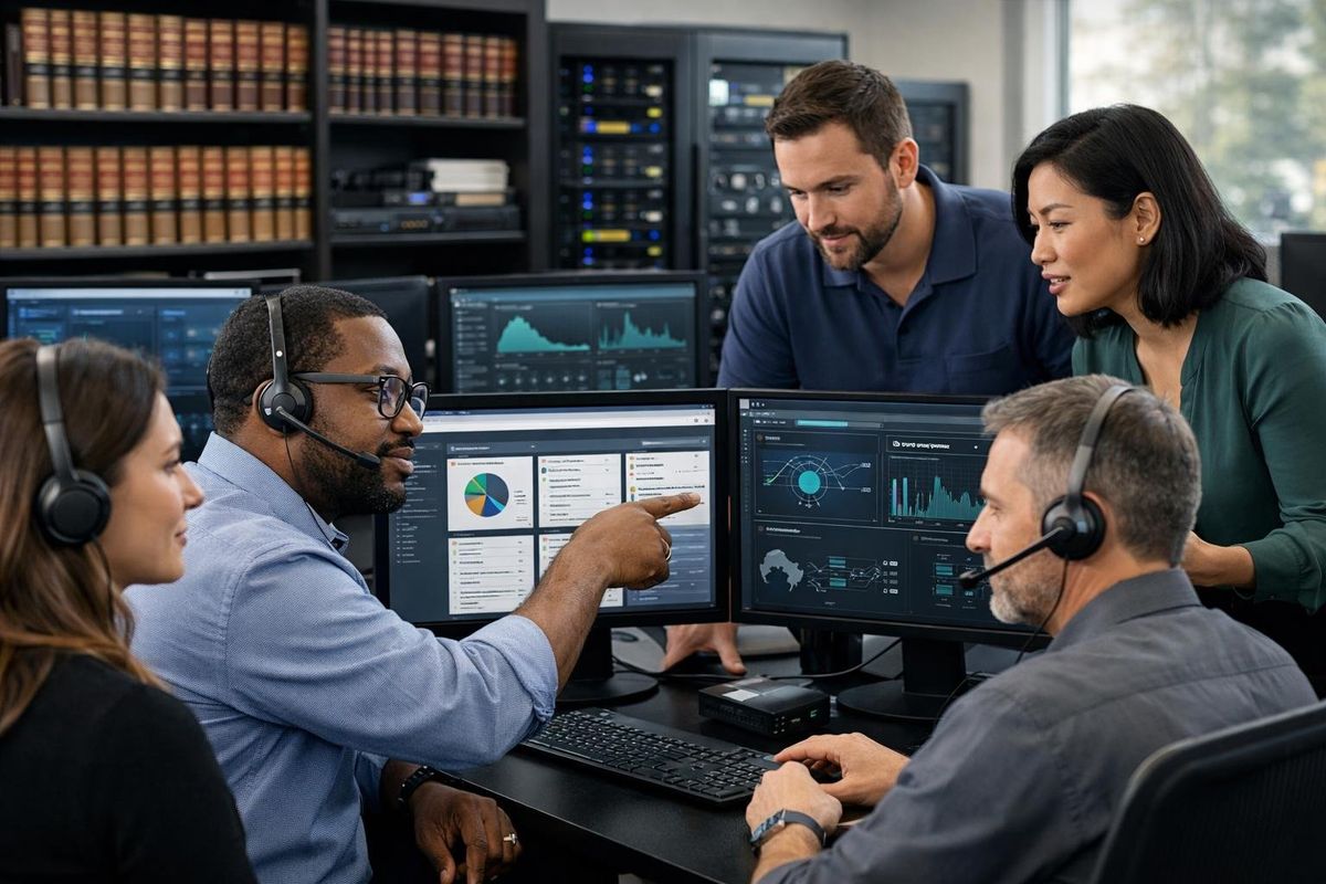 IT professionals collaborating in an office with multiple computer screens showing legal and generic software, surrounded by legal books and technology equipment.