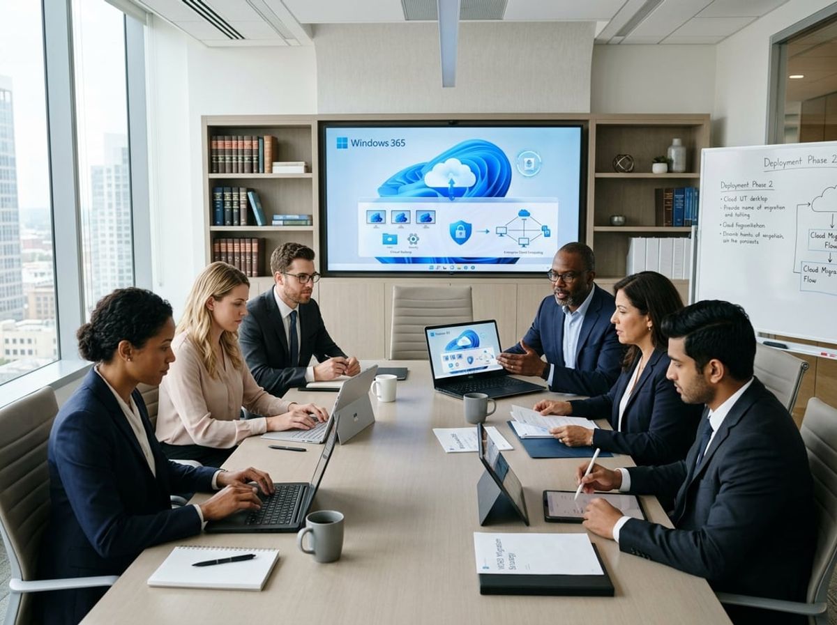 A group of professionals in a law firm office collaborating around a table with laptops and a large digital screen showing cloud computing visuals.