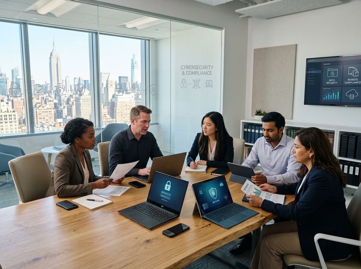 Distributed legal team communicating through secure messaging and video tools on laptops
