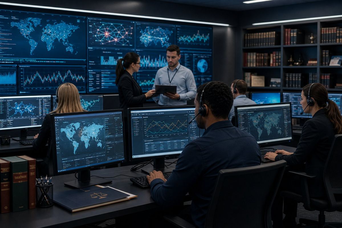 A team of cybersecurity analysts monitoring multiple screens in a high-tech security operations center focused on threat detection and incident response for law firms.
