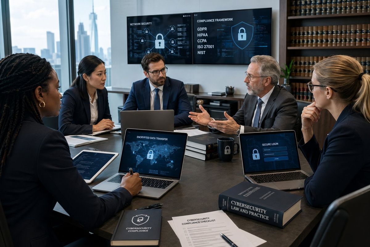 A group of professionals in a law office working together with laptops and digital devices, focusing on cybersecurity compliance.
