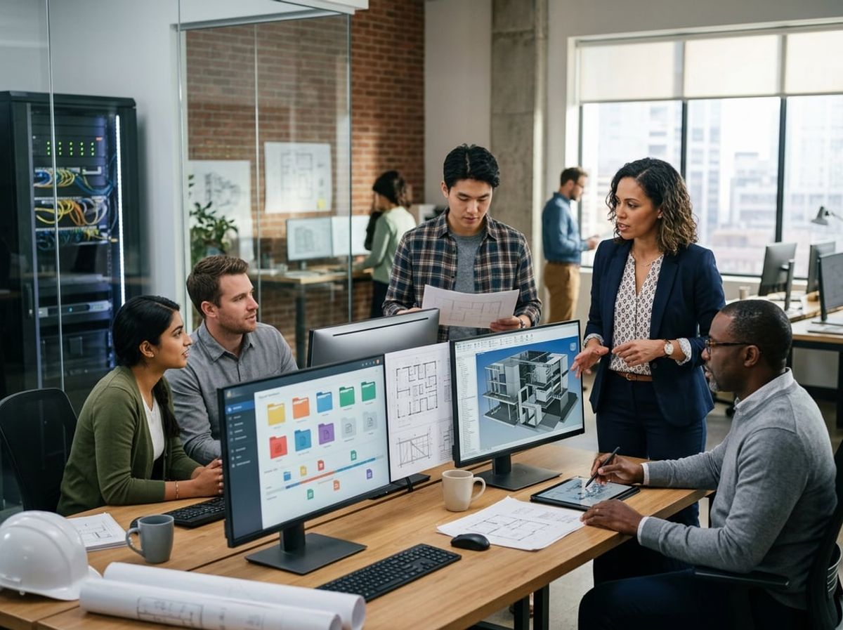 Consultant walks an AEC team through a project file storage plan on a screen