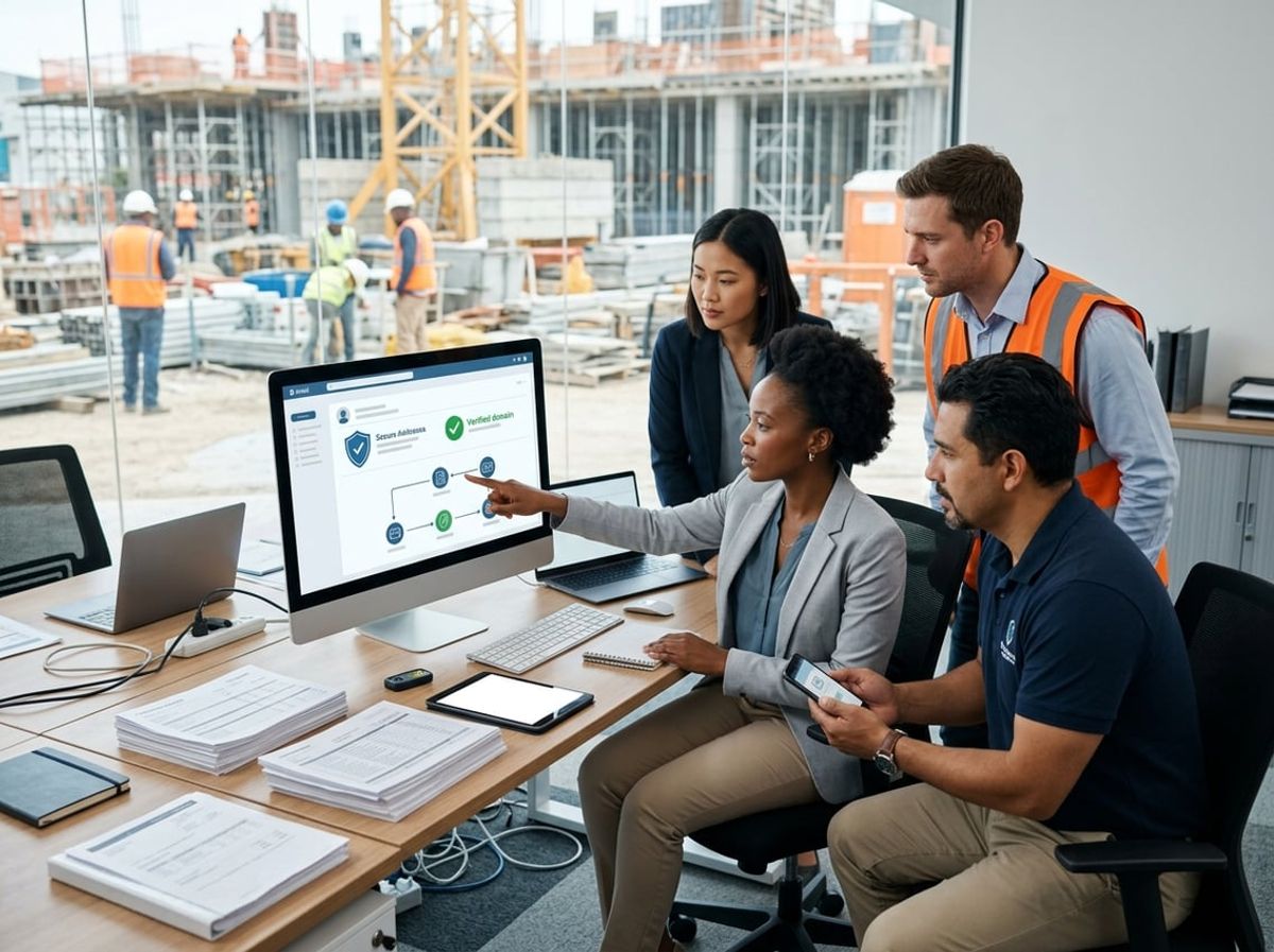 Finance staff checking email domain details on an invoice near an active jobsite