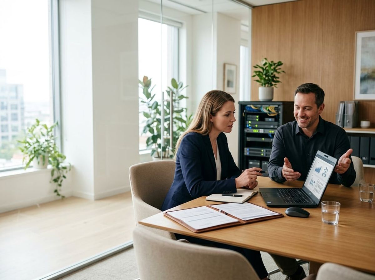 Lawyer and IT specialist review frequently asked questions together on a laptop screen