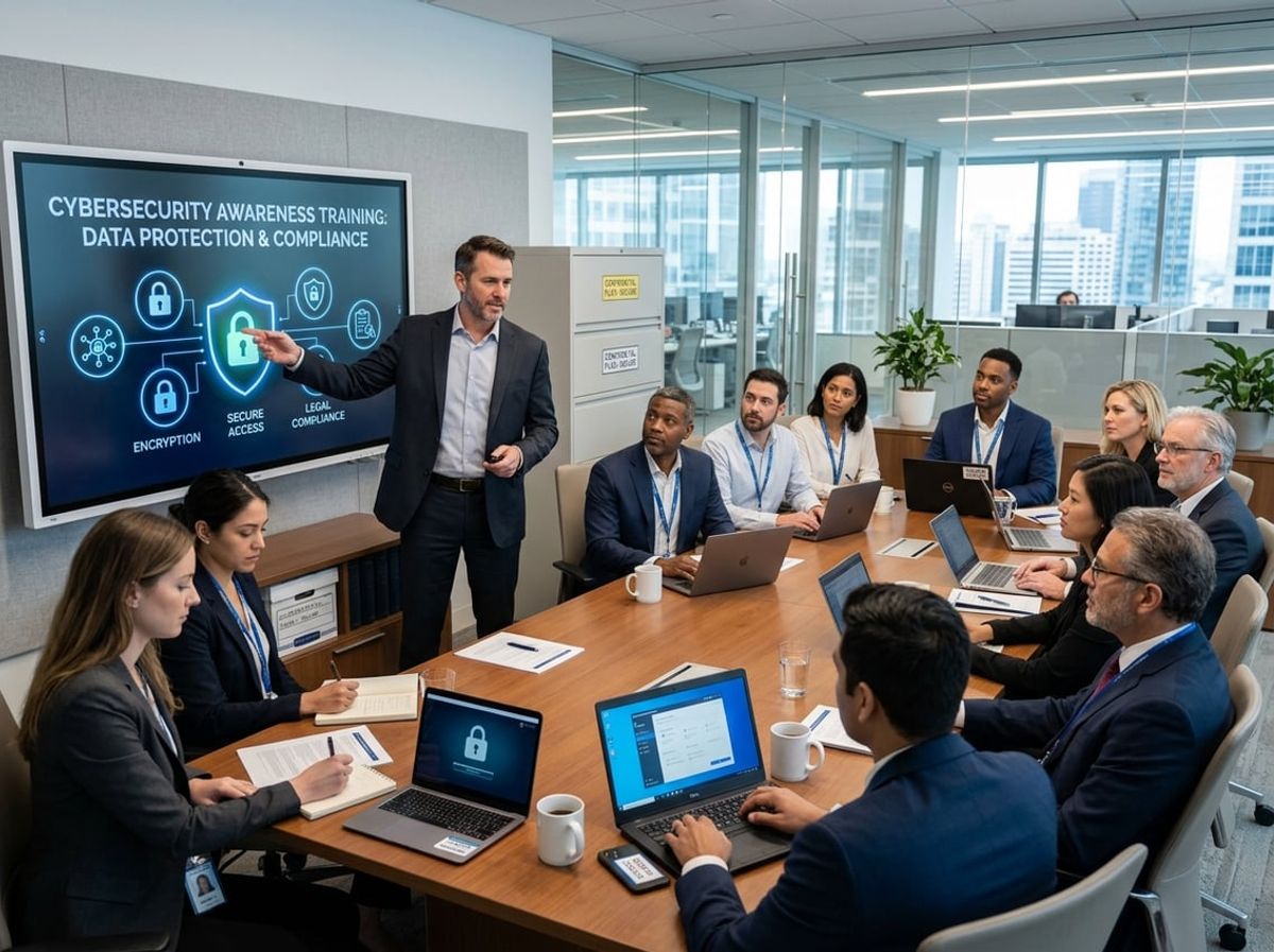 Attorneys and staff seated in a conference room during a cybersecurity briefing with a presenter