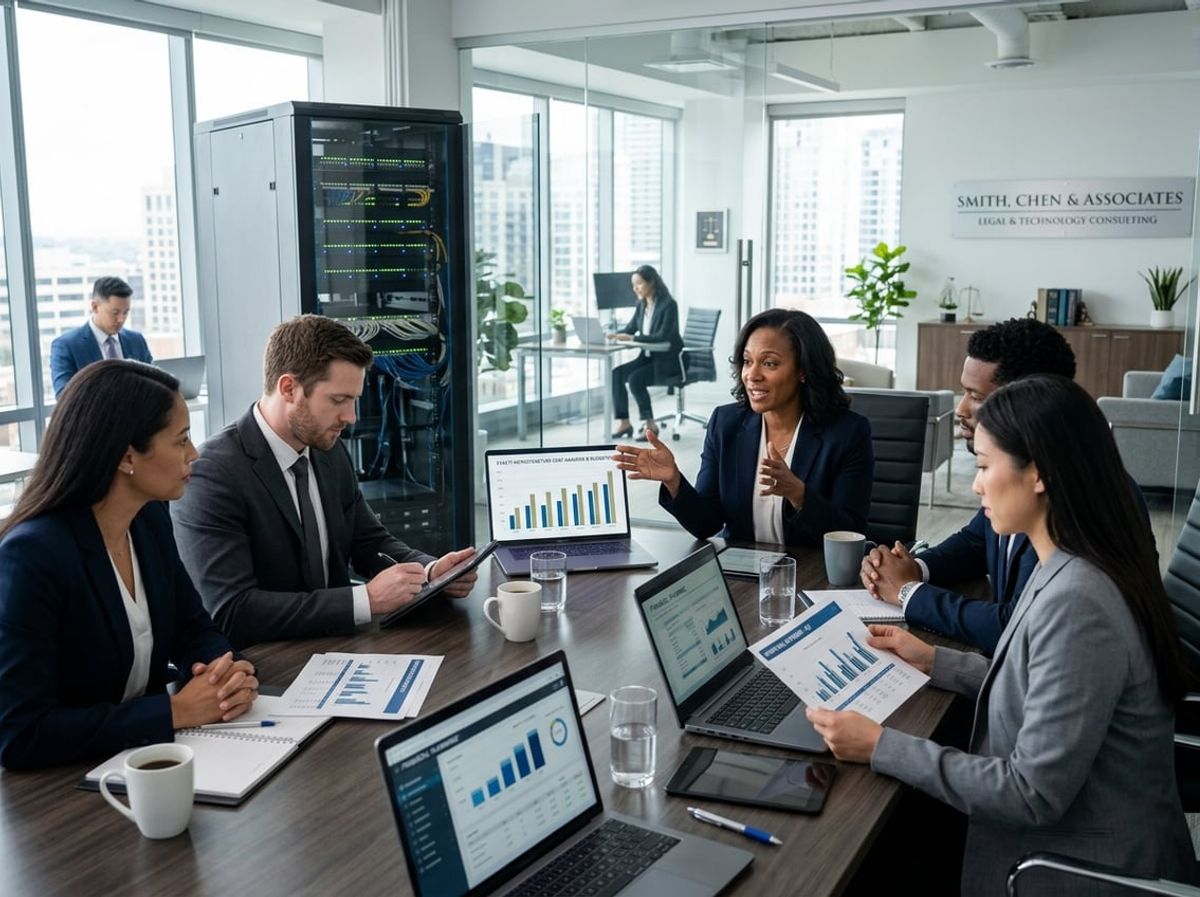 Business professionals in a law firm office discussing IT costs around a conference table with laptops and digital devices.