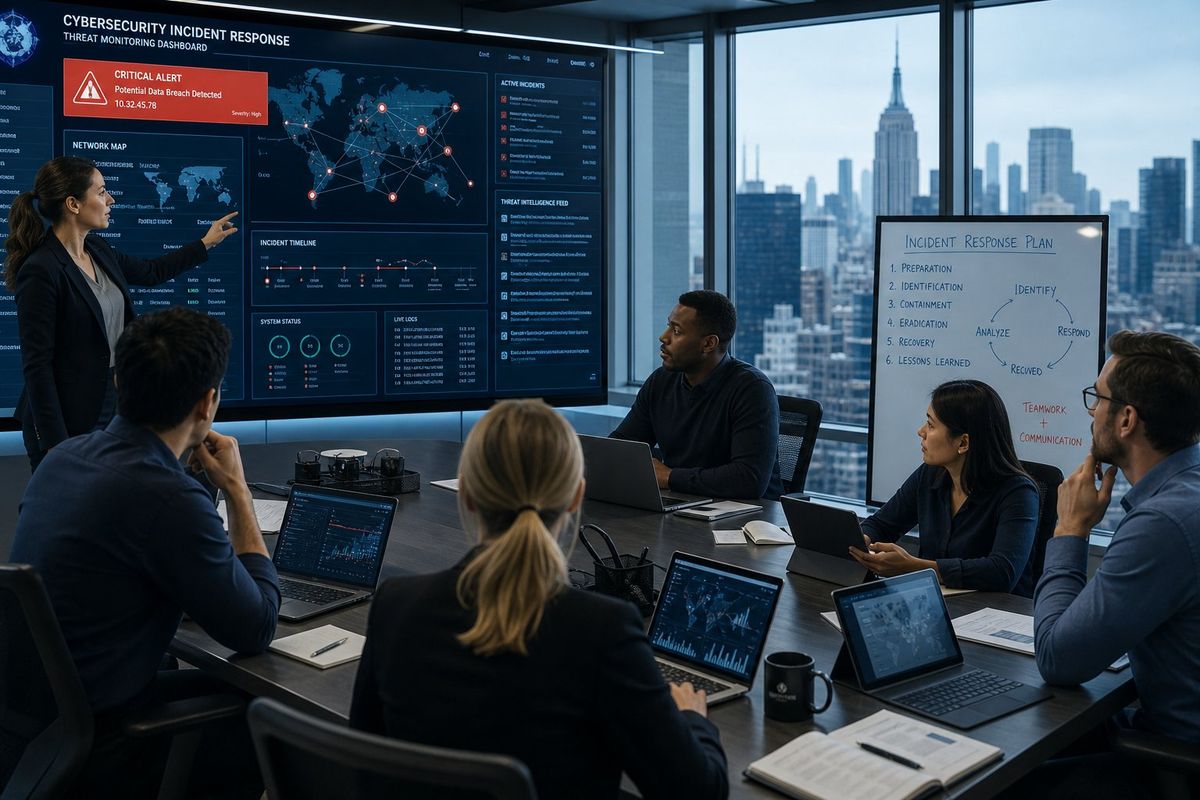 A team of IT professionals in an office with computer monitors displaying cybersecurity data, working together with a view of New York City outside the windows.