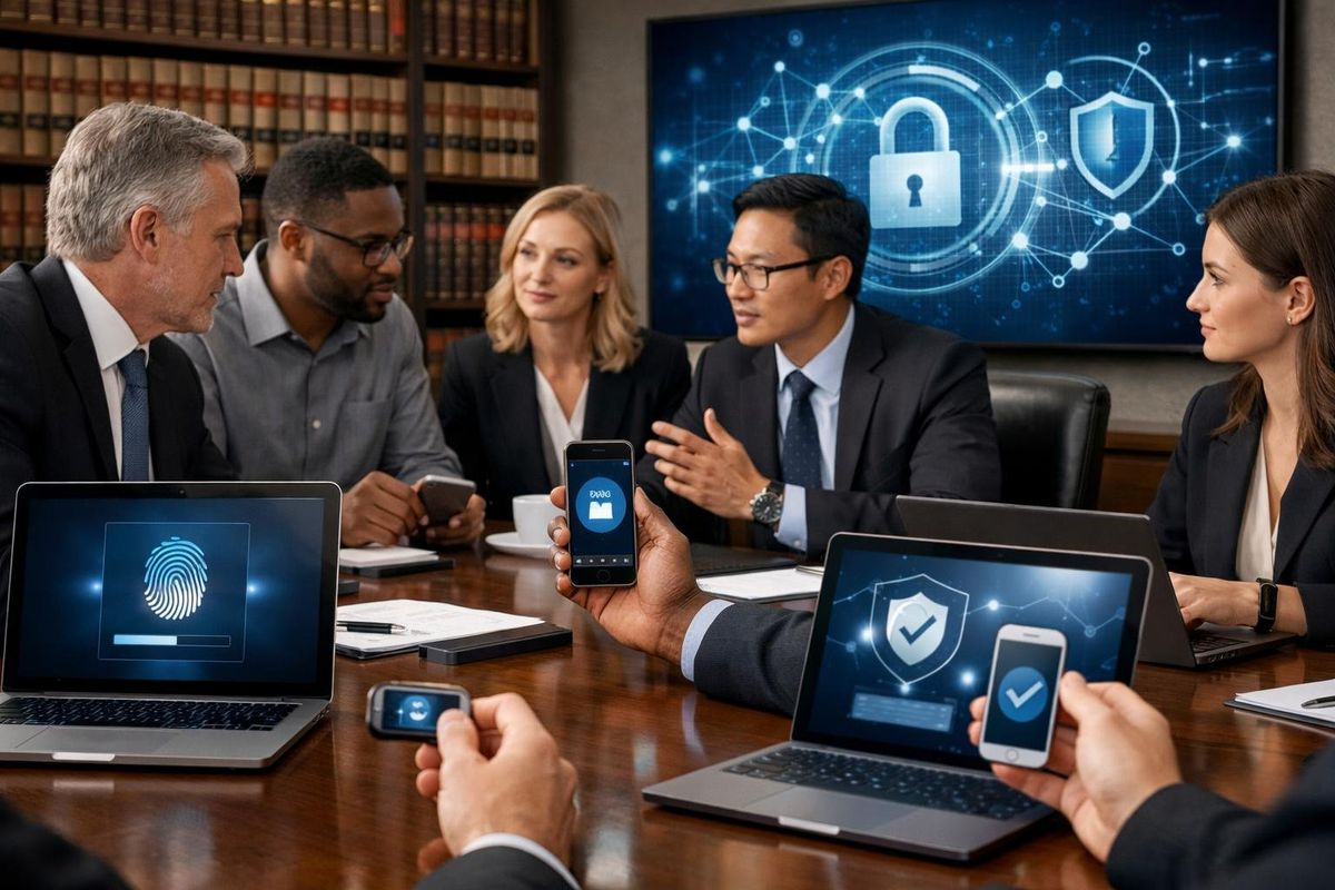A group of lawyers and IT professionals working together in a law firm office with laptops showing security features related to multi-factor authentication.