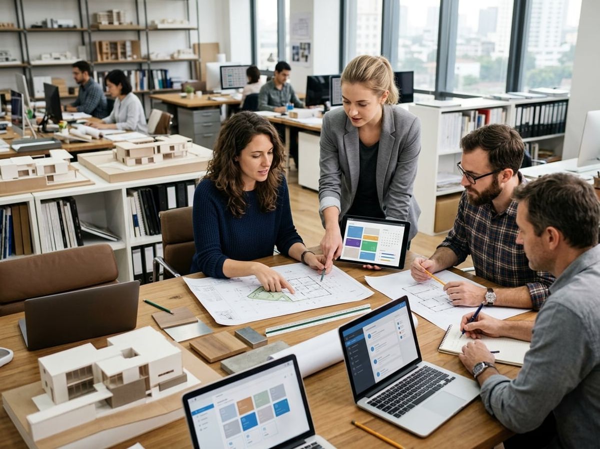 Architects gather around a table with rolled plans, a scale model and tablets