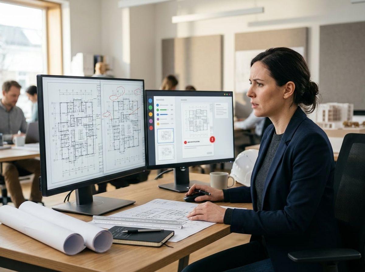 Project professional working across dual monitors while reviewing overlapping drawing sets