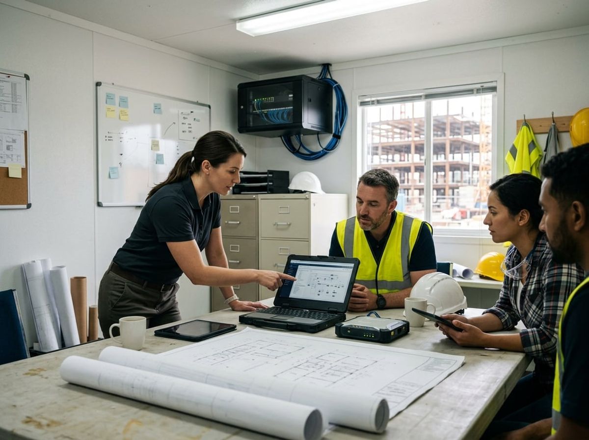 Technician assists construction staff comparing in-house and outsourced technology support options