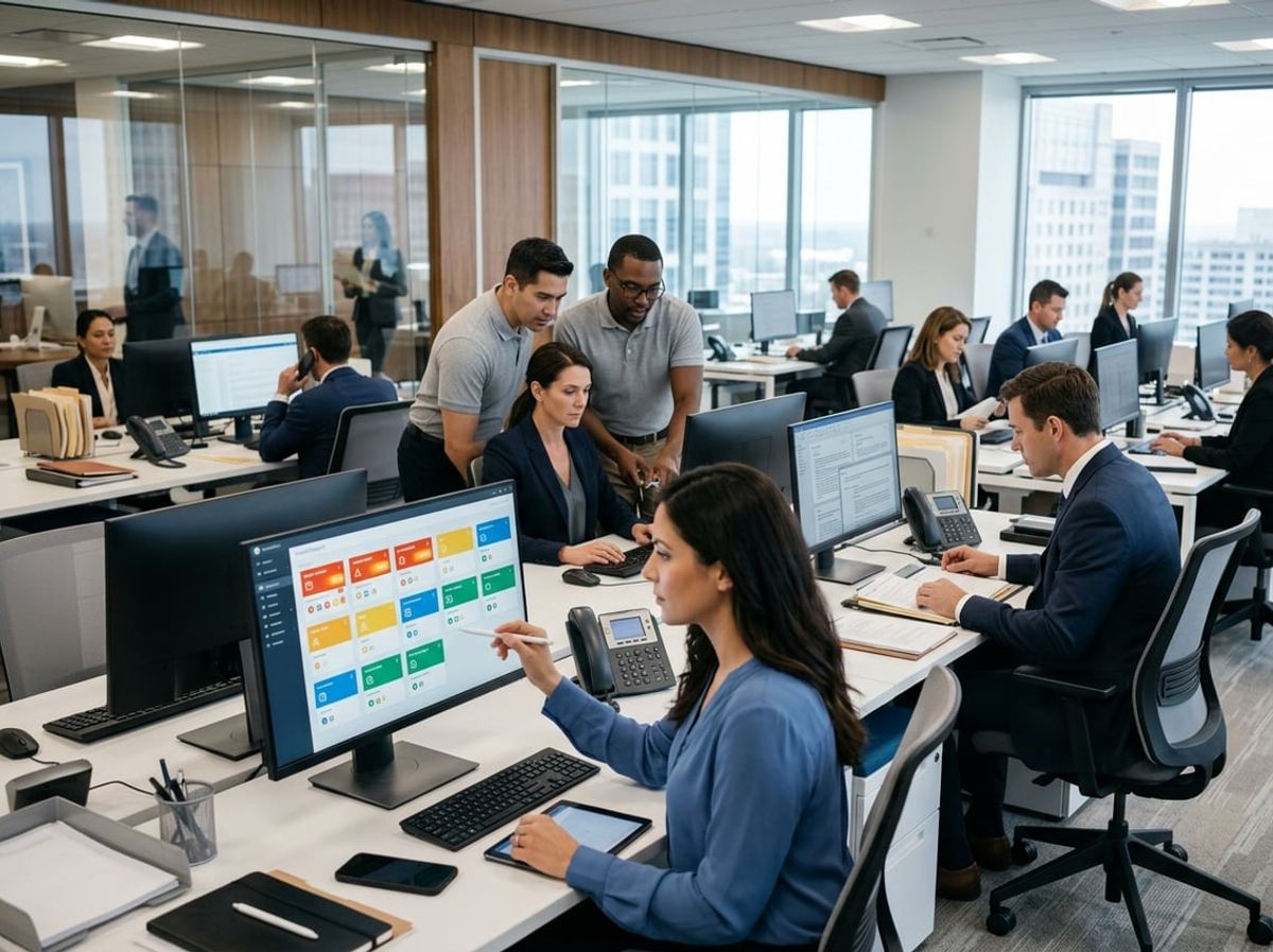 IT professional sorts support tickets by urgency as attorneys continue casework nearby