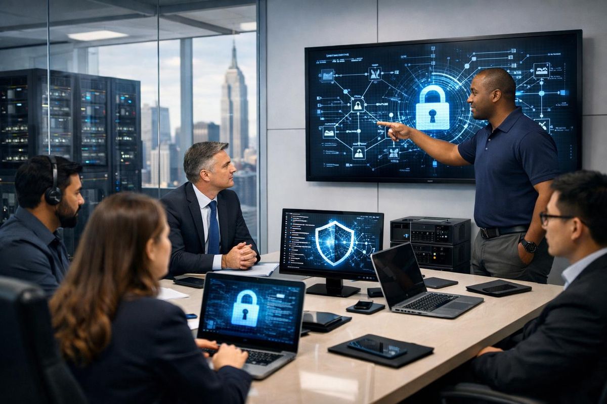 IT professionals and a lawyer collaborating in a modern office with computer screens showing cybersecurity data.