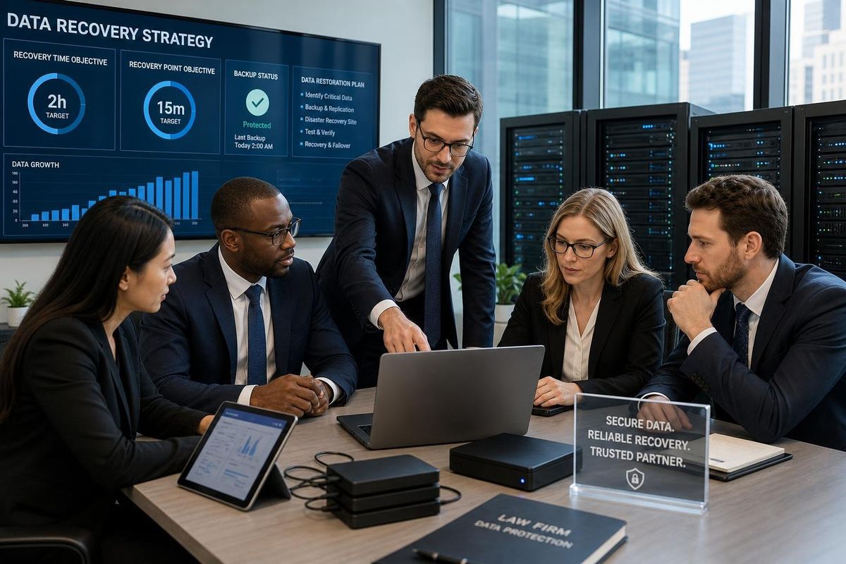 A group of professionals in a law firm office collaborating around a table with laptops and data storage devices, with server racks visible in the background.