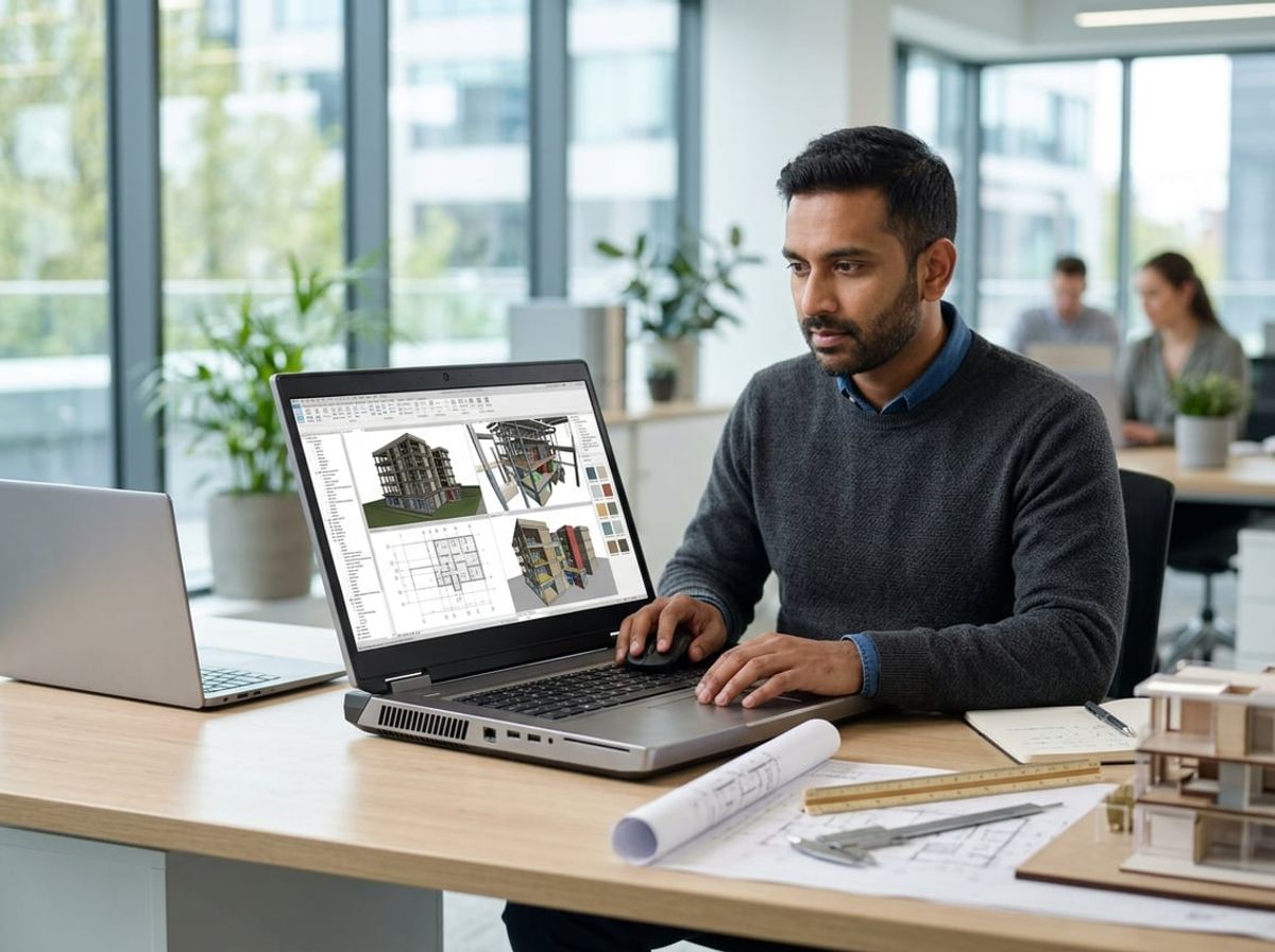 Designer navigating a linked Revit model on a mobile workstation next to printed plans