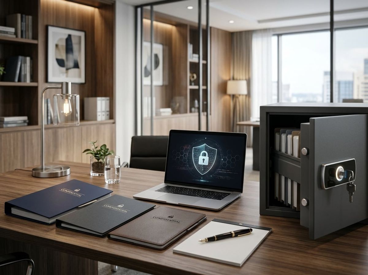 Locked cabinet and protected laptop representing common questions on securing legal files