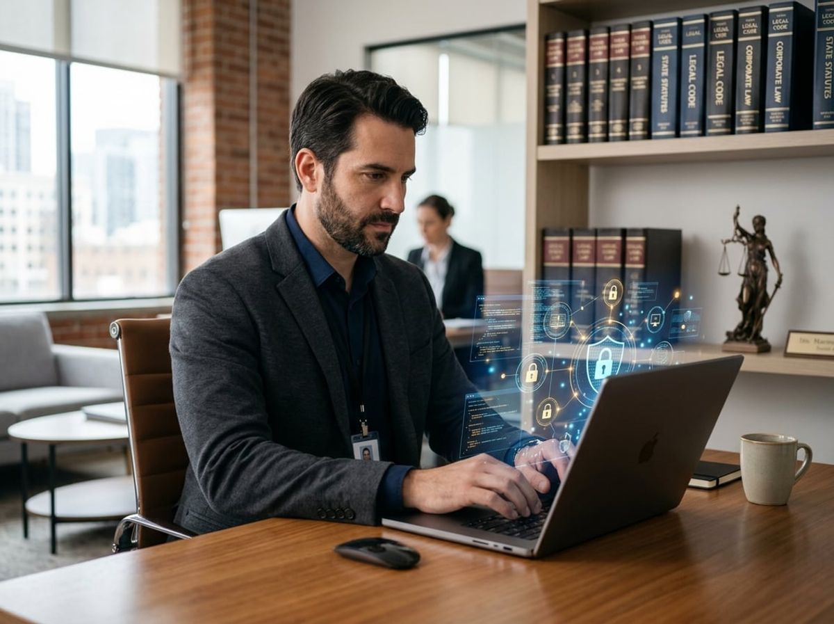 IT specialist configuring content management system protections on a law firm laptop