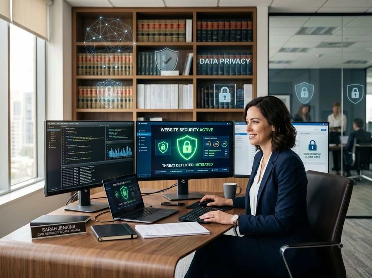 Attorney at a workstation reviewing multi-factor authentication and encryption settings on screen