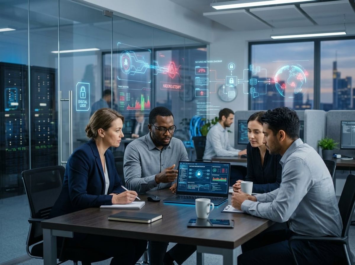 Legal team examining a laptop screen showing simulated cyber threat alerts and network activity