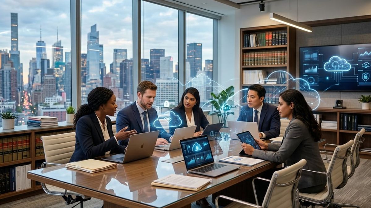 Law firm partners reviewing Windows 365 for law firms Zero Trust controls in a NYC office
