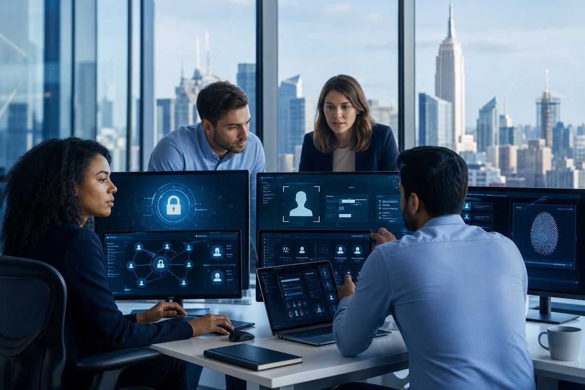IT professionals working together in an office with computer screens showing digital security interfaces and a view of the New York City skyline in the background.
