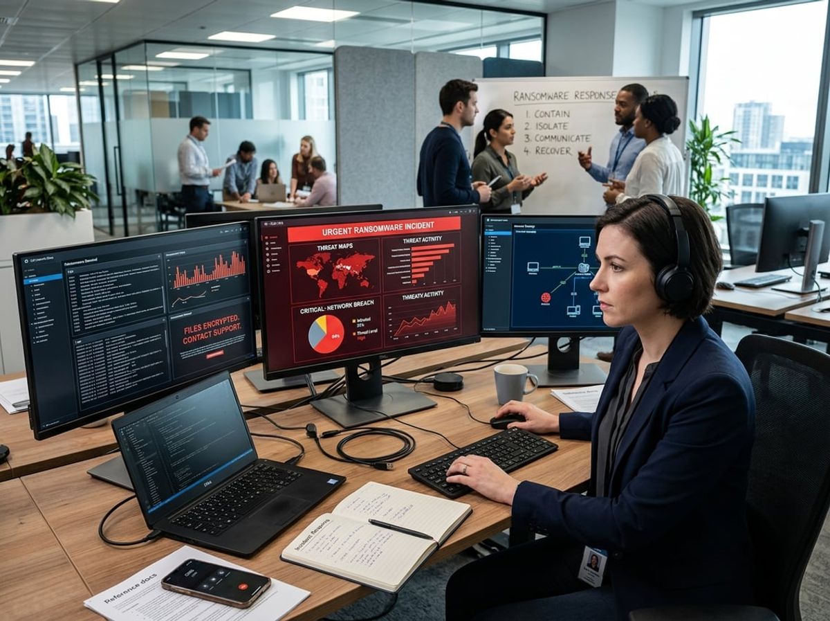 IT specialist monitors security alerts while colleagues respond to an active attack