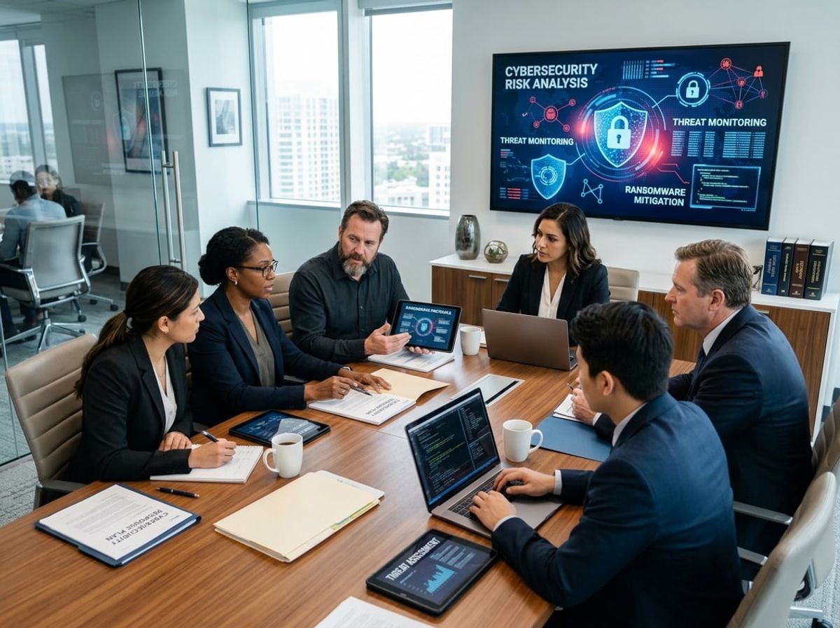 Attorneys and IT staff discuss cyber risk around a conference table with open laptops
