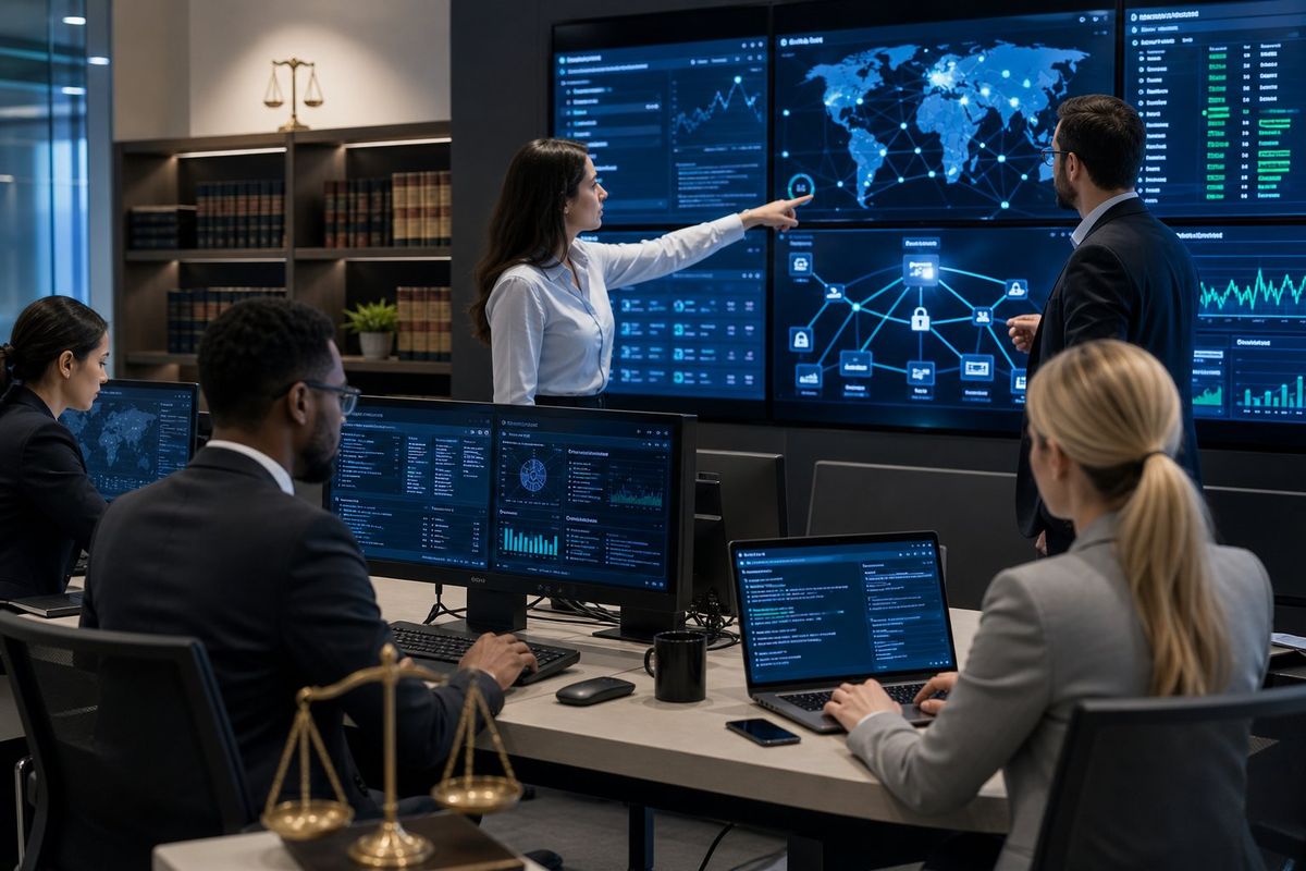 Cybersecurity team monitoring network data and incident alerts in a modern office with law-related elements in the background.