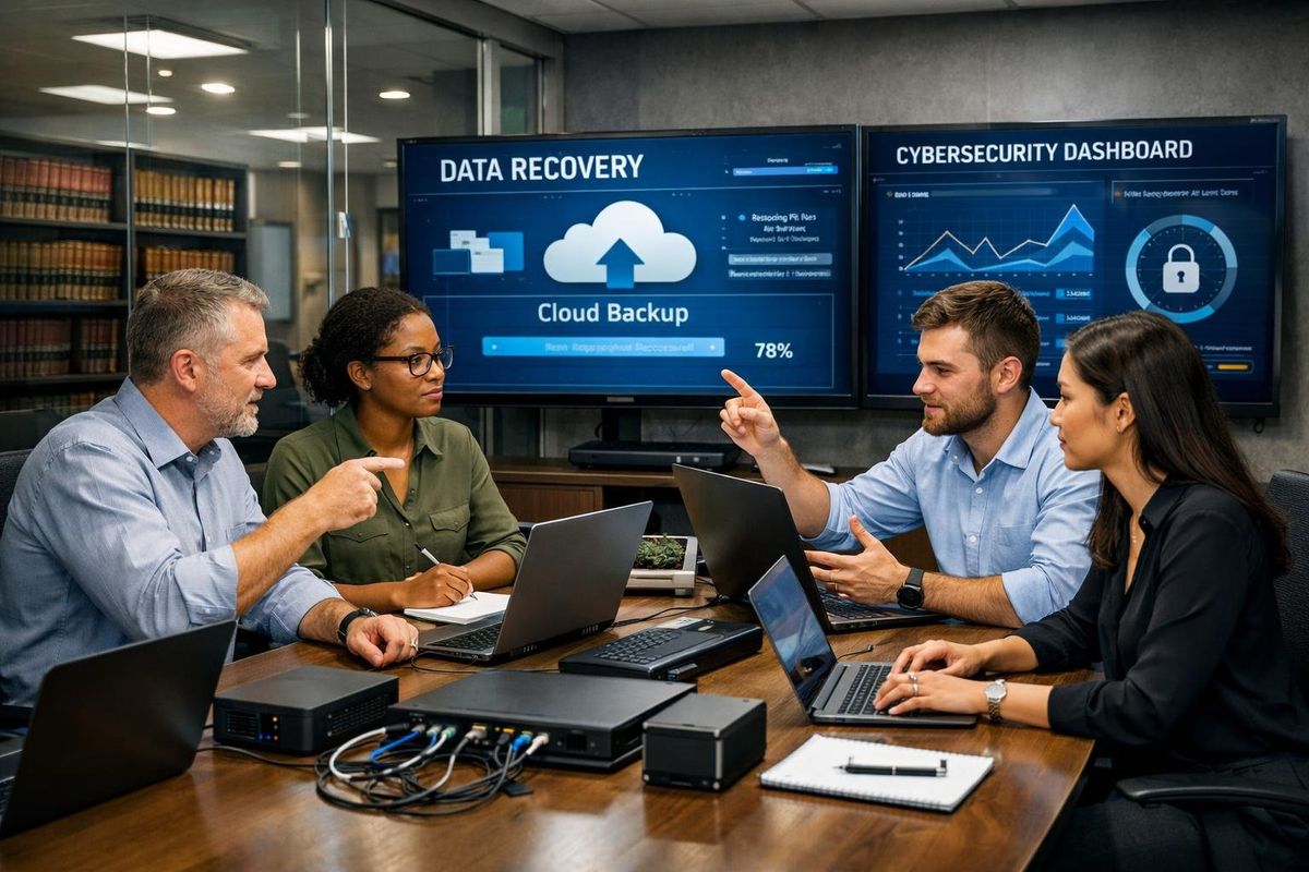 A team of IT professionals working together in a law firm office with laptops and monitors showing data recovery and backup processes.