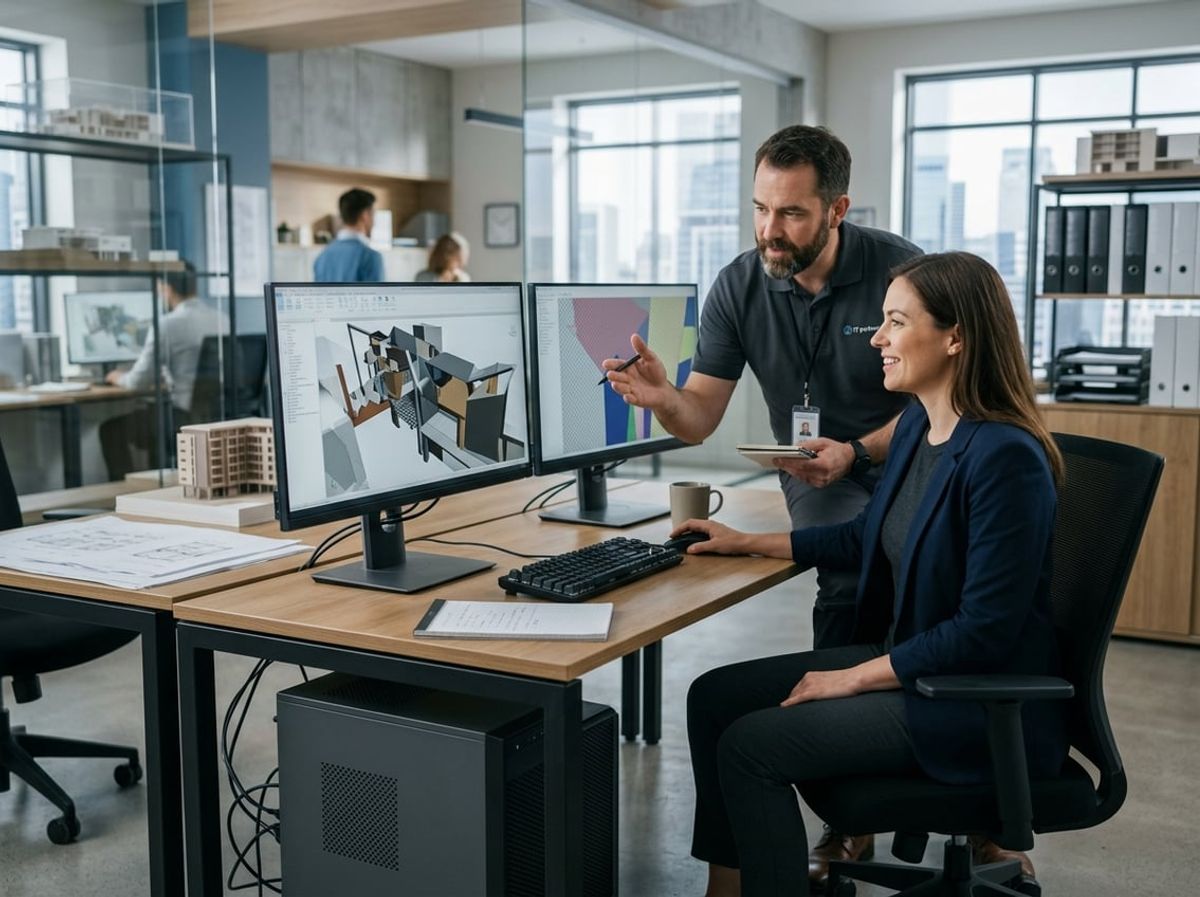 Architect and IT specialist discussing workstation performance in front of a displayed building model