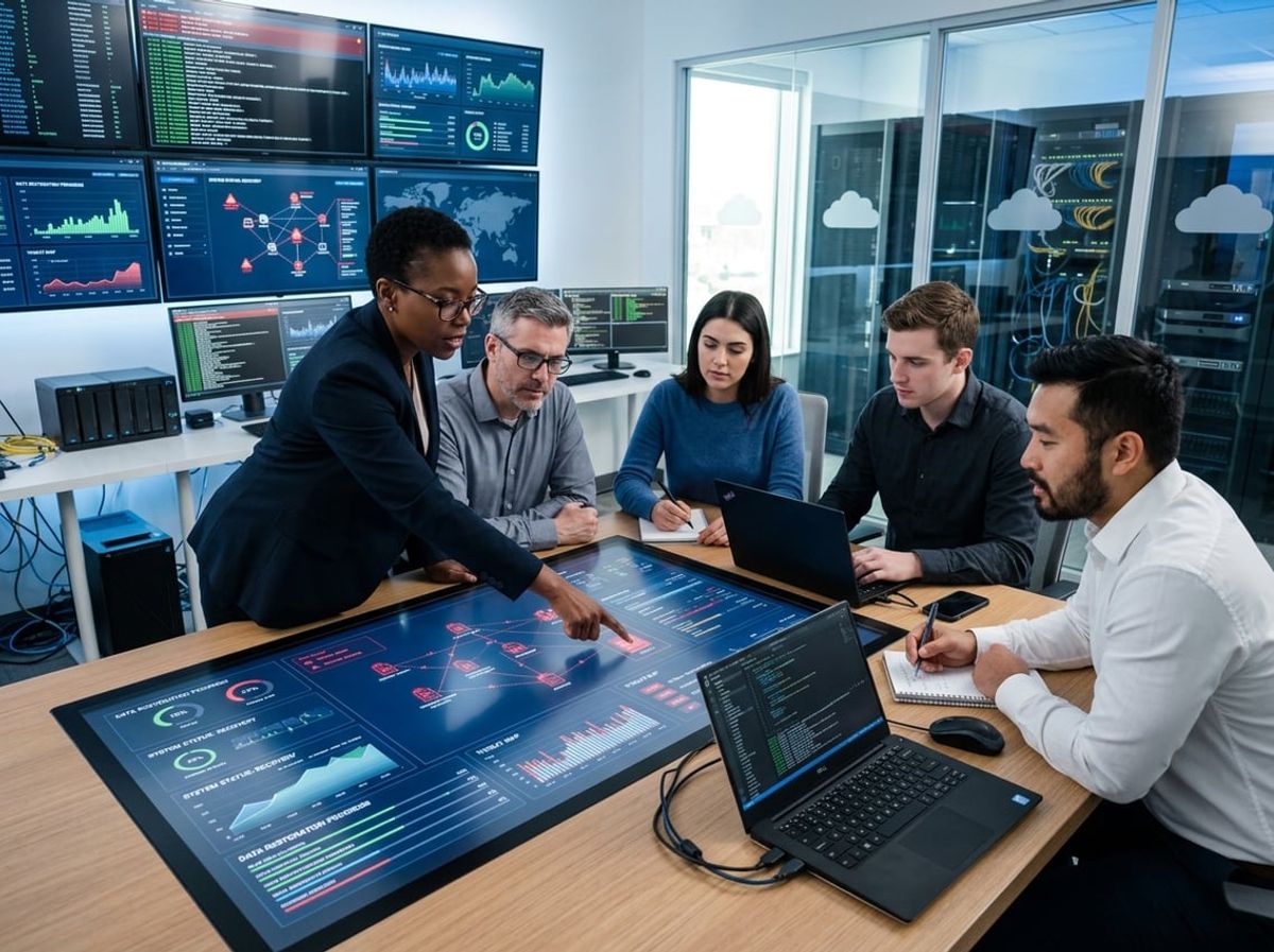 Technicians restore encrypted files from isolated backups on a digital workstation