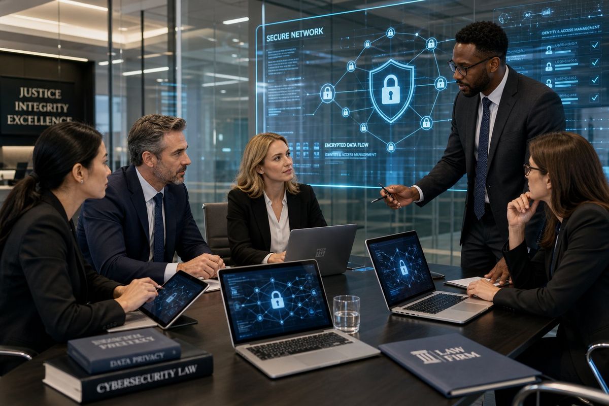 Legal professionals collaborating in a modern office with digital devices displaying cybersecurity visuals.