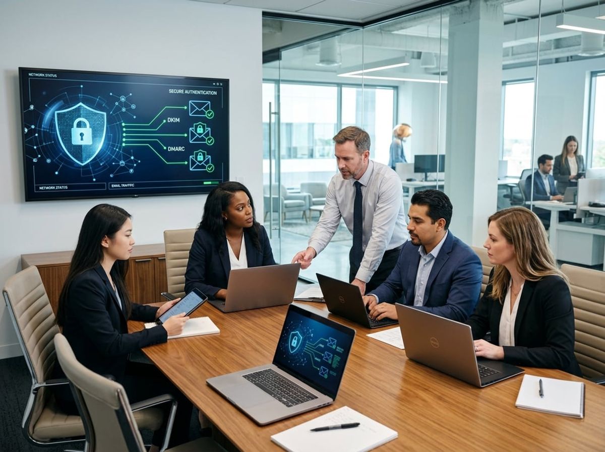 Legal staff around a conference table discussing layered defense measures on laptops