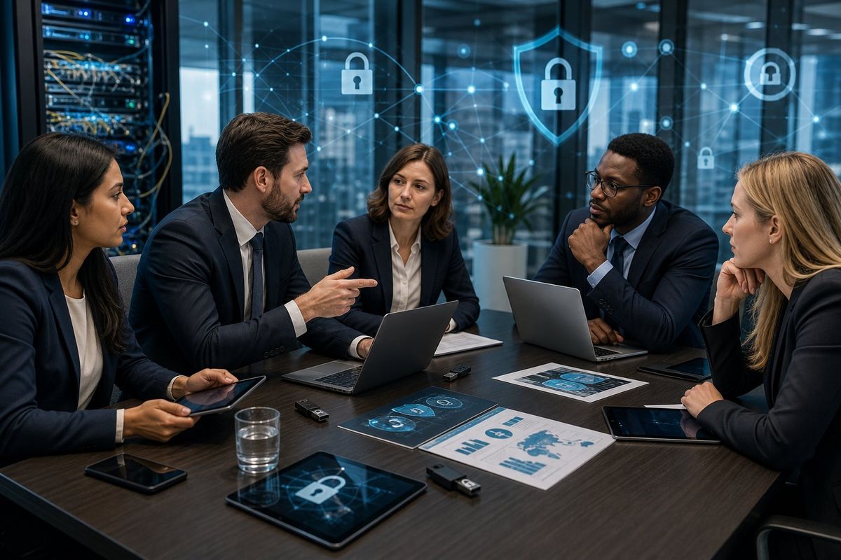 Business professionals in a law firm office discussing network security around a conference table with digital devices and security-related items.