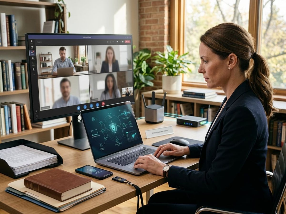 Two colleagues collaborate over a secure video call while verifying identity through layered access controls