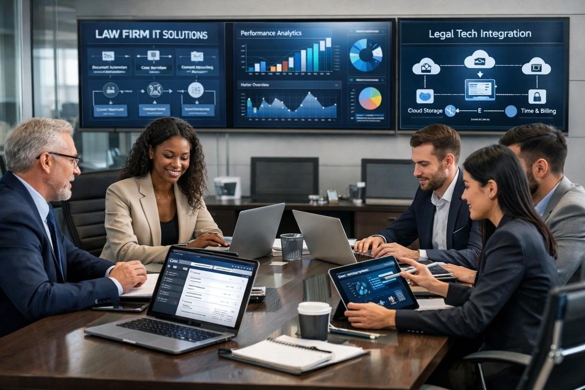 Legal professionals working together in a modern office with laptops and digital screens displaying software and data.