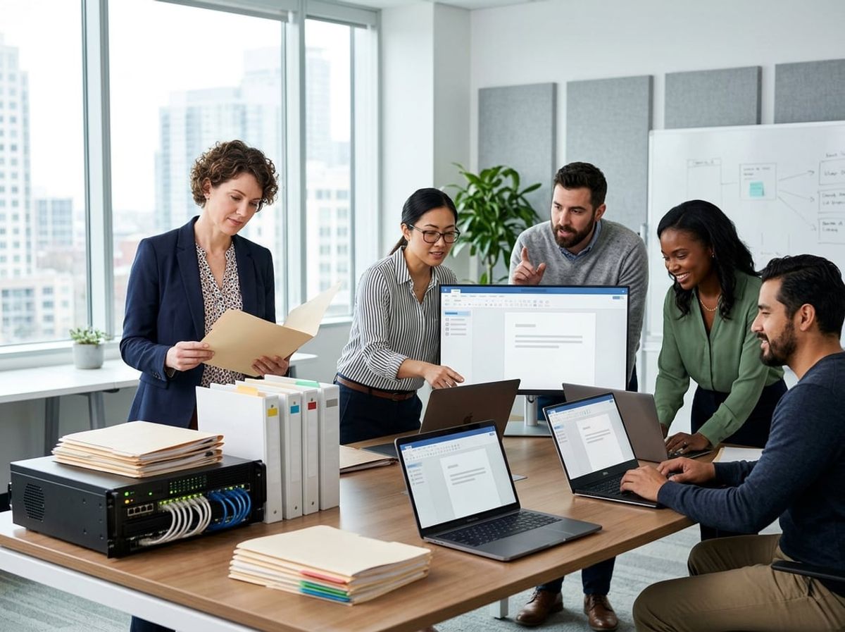 Architect reviewing folder structure on a workstation while a colleague checks shared cloud files