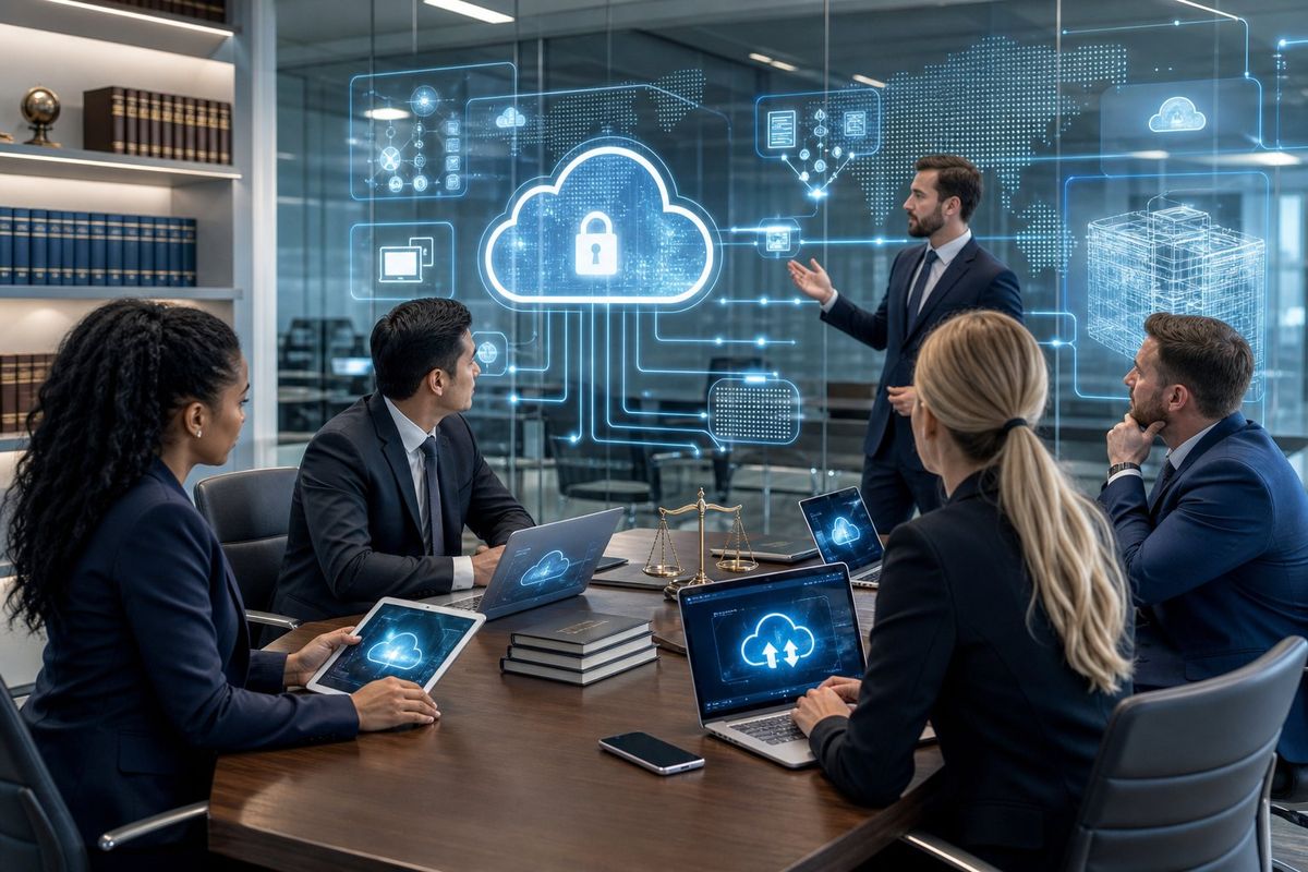 A group of lawyers and IT professionals collaborating in a modern office with digital devices and holographic screens showing cloud data and security visuals.