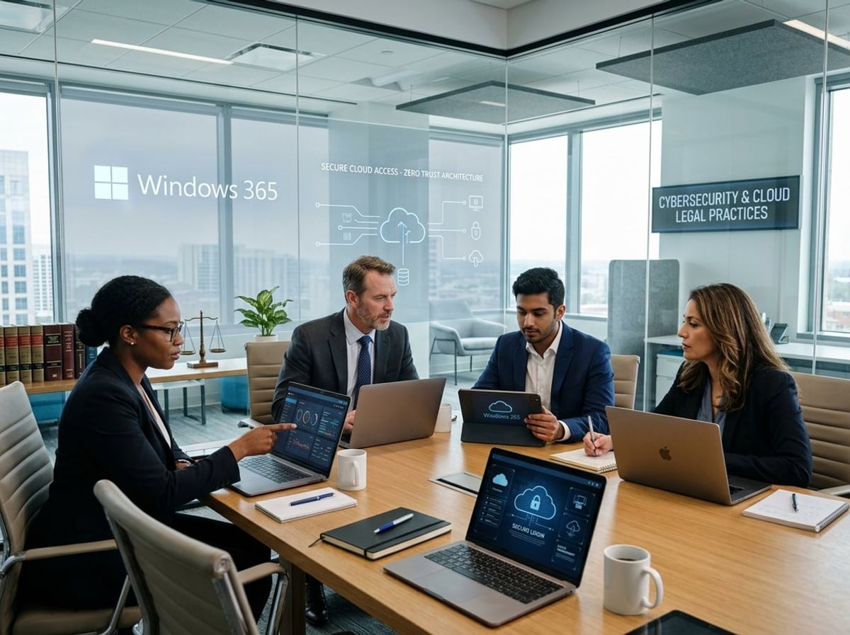 Legal team examining Zero Trust architecture diagrams on laptops during a conference room meeting