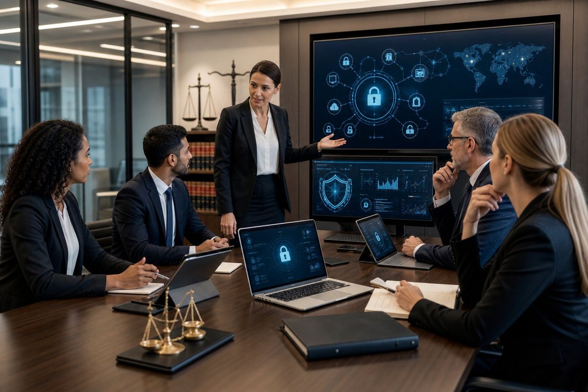 A group of professionals in a modern office collaborating around a table with laptops and screens showing network security visuals, with legal books and symbols in the background.