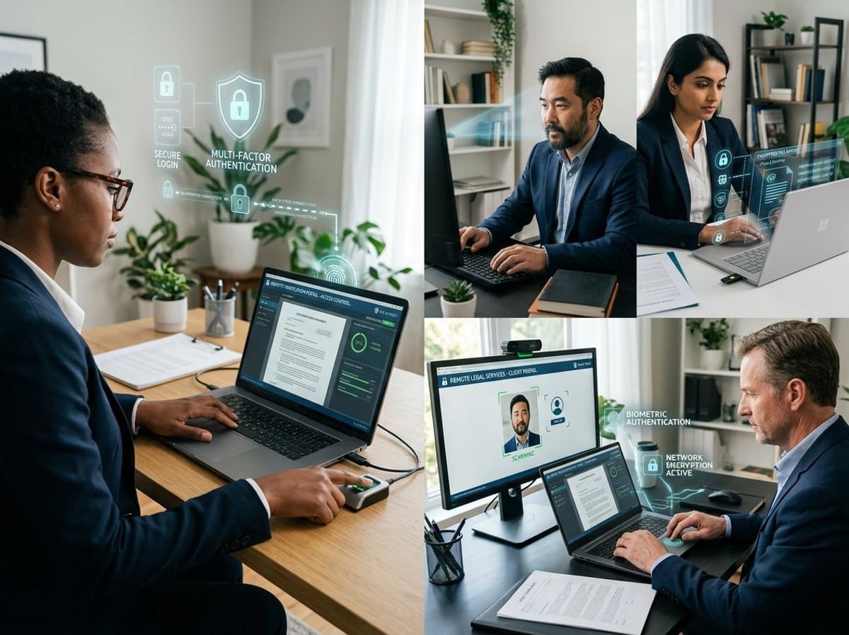 Legal professionals accessing cloud platforms remotely with data protection icons on screen