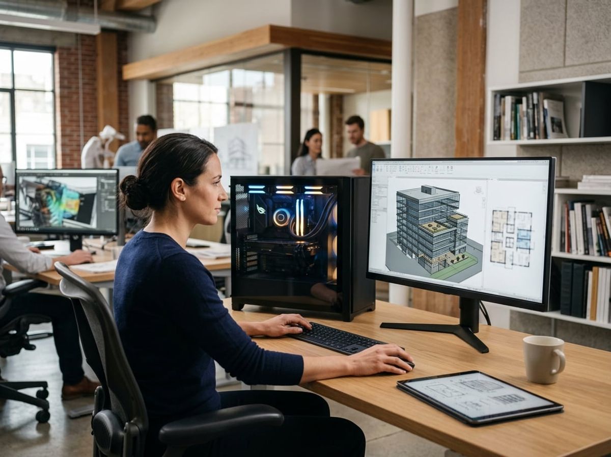 Architectural staff reviewing building model complexity across different workstation configurations at desks